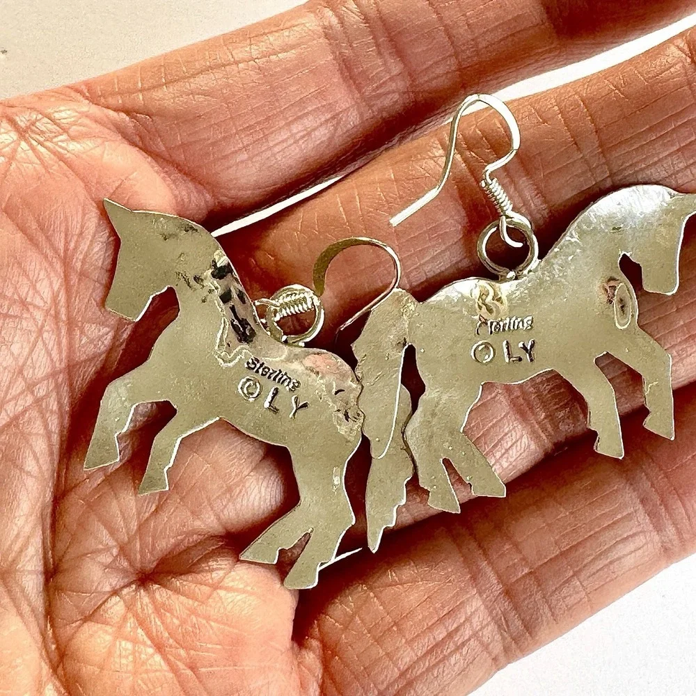 Running Horse Turquoise Navajo‎ Earrings 1.5in Sterling Signed L Yazzie Handmade